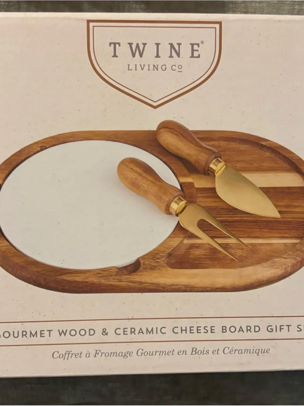 Wood & Ceramic Cheese Board with Gold Knife Set - Brown